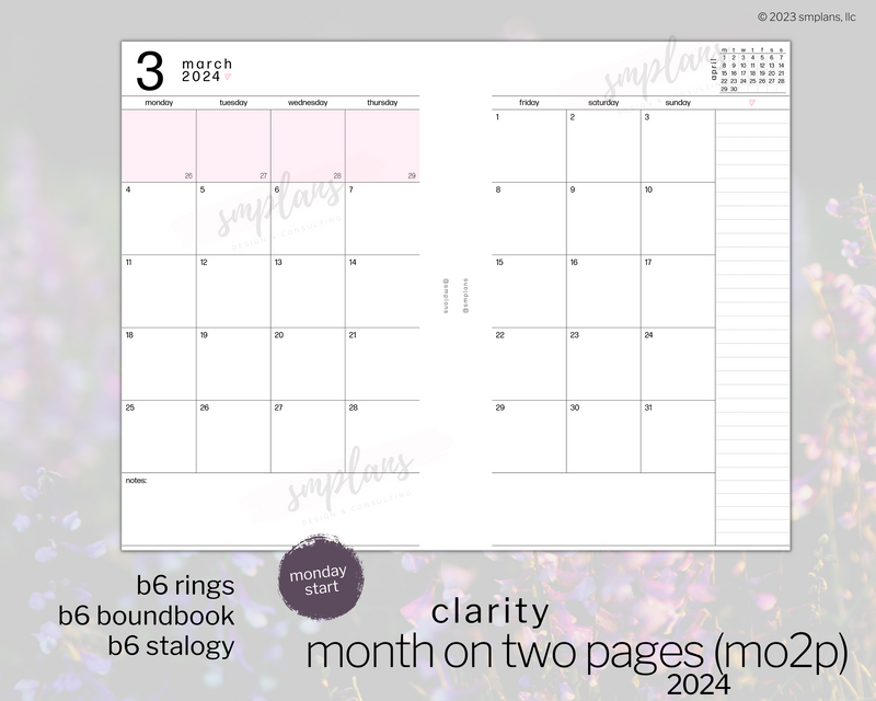 2024 Month on Two Pages - Clarity (Monday Start)