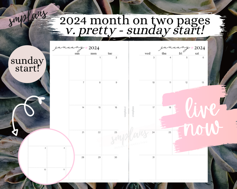 2024 Month on Two Pages - Pretty Version (Sunday Start)