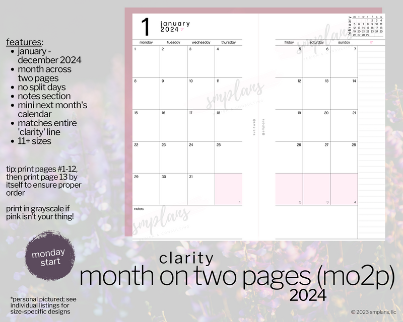 2024 Month on Two Pages - Clarity (Monday Start)