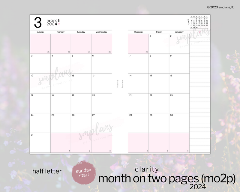2024 Month on Two Pages - Clarity (Sunday Start)