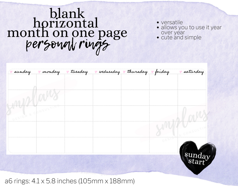 Horizontal Undated Month on One Page (MO1P) (Sunday Start)