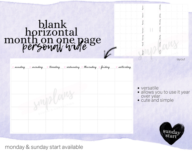 Horizontal Undated Month on One Page (MO1P) (Sunday Start)