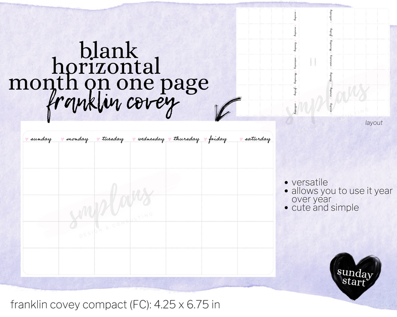 Horizontal Undated Month on One Page (MO1P) (Sunday Start)