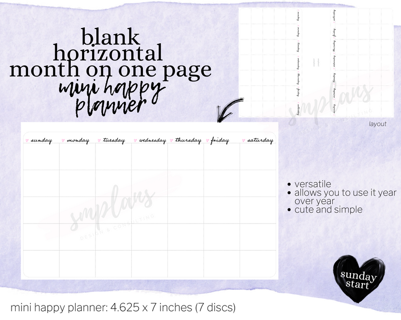 Horizontal Undated Month on One Page (MO1P) (Sunday Start)