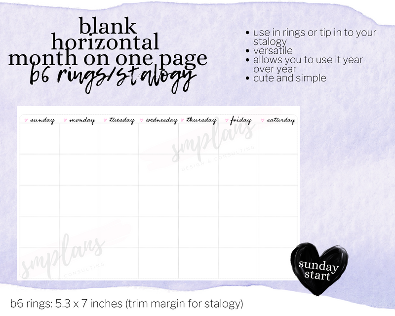 Horizontal Undated Month on One Page (MO1P) (Sunday Start)