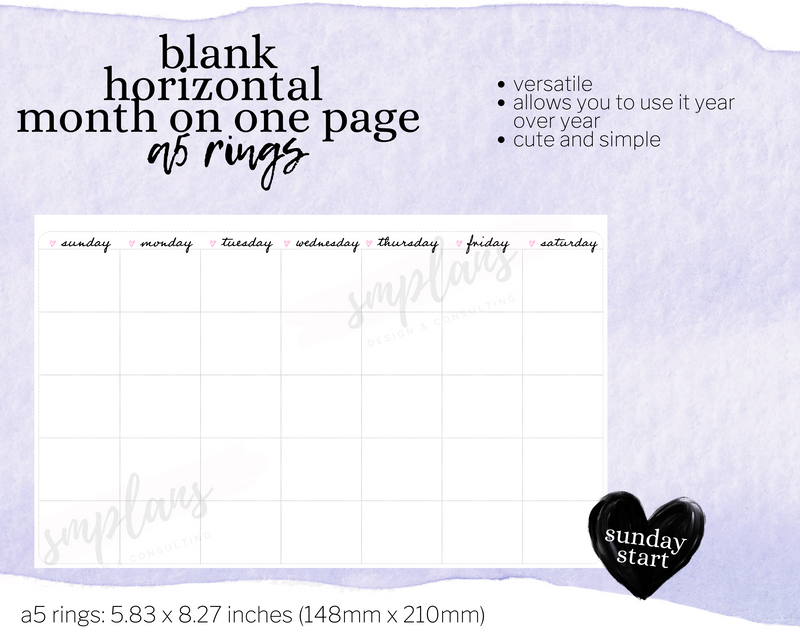 Horizontal Undated Month on One Page (MO1P) (Sunday Start)