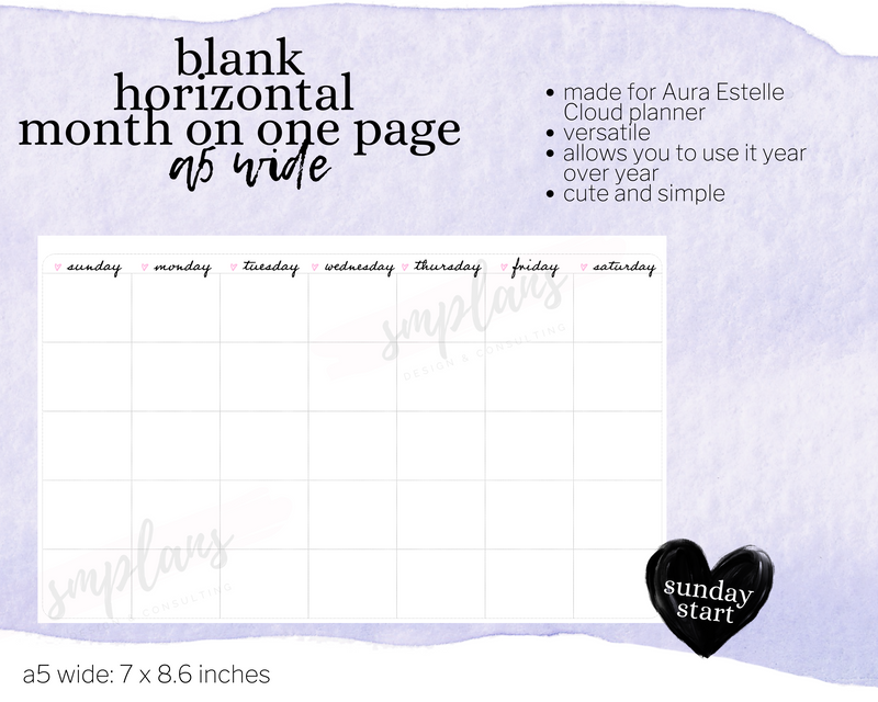 Horizontal Undated Month on One Page (MO1P) (Sunday Start)