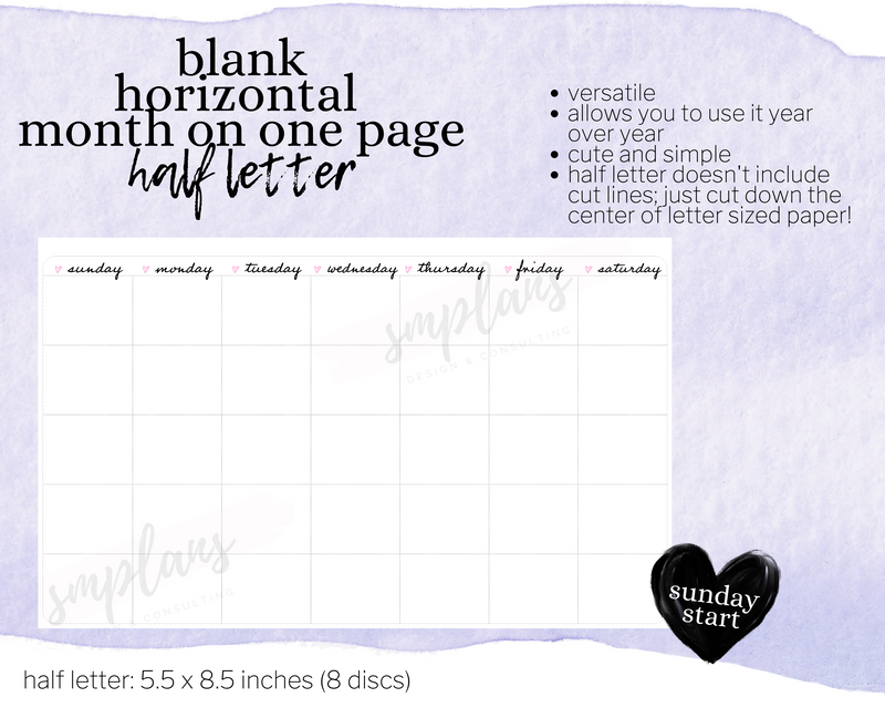 Horizontal Undated Month on One Page (MO1P) (Sunday Start)
