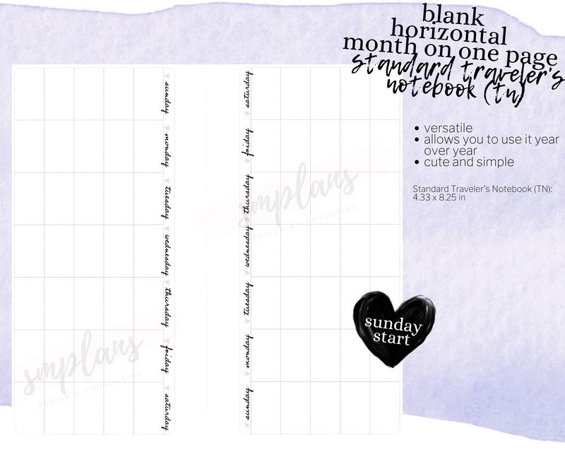 Horizontal Undated Month on One Page (MO1P) (Sunday Start)