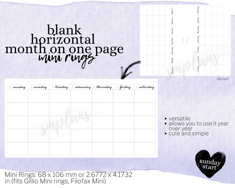 Horizontal Undated Month on One Page (MO1P) (Sunday Start)