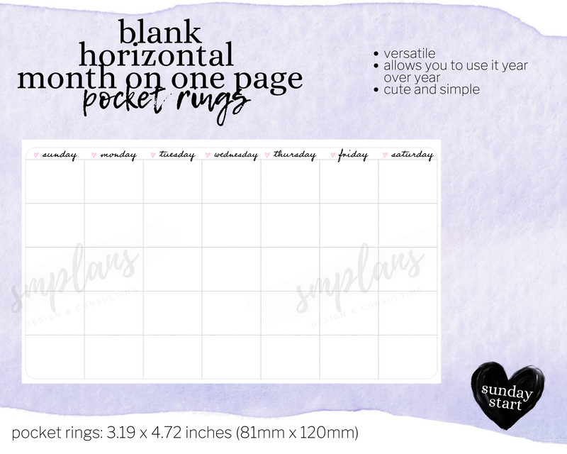 Horizontal Undated Month on One Page (MO1P) (Sunday Start)