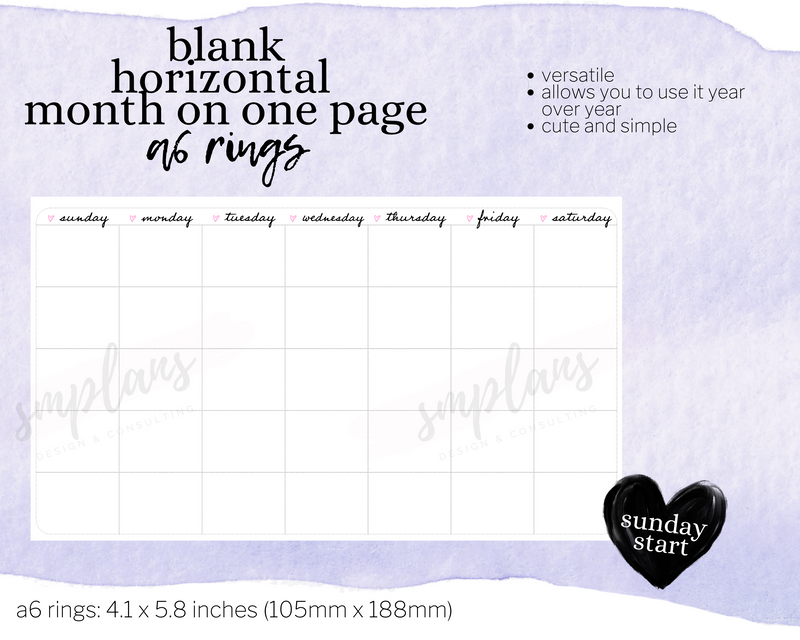 Horizontal Undated Month on One Page (MO1P) (Sunday Start)