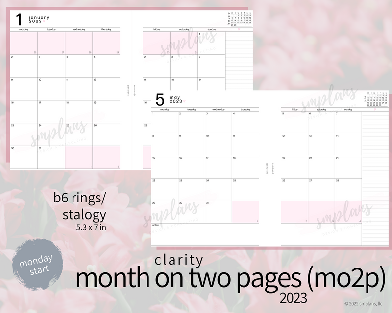 2023 Month on Two Pages - Clarity (Monday Start)