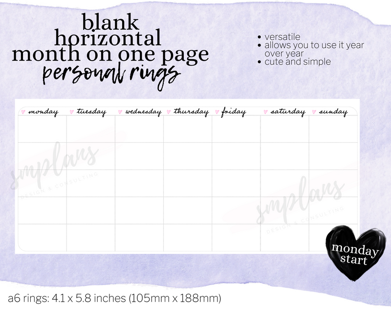 Horizontal Undated Month on One Page (MO1P) (Monday Start)