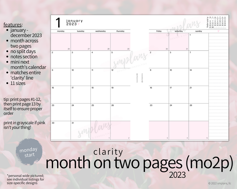 2023 Month on Two Pages - Clarity (Monday Start)