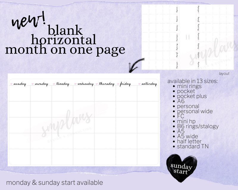 Horizontal Undated Month on One Page (MO1P) (Sunday Start)