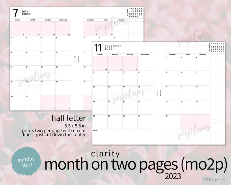 2023 Month on Two Pages - Clarity (Sunday Start)