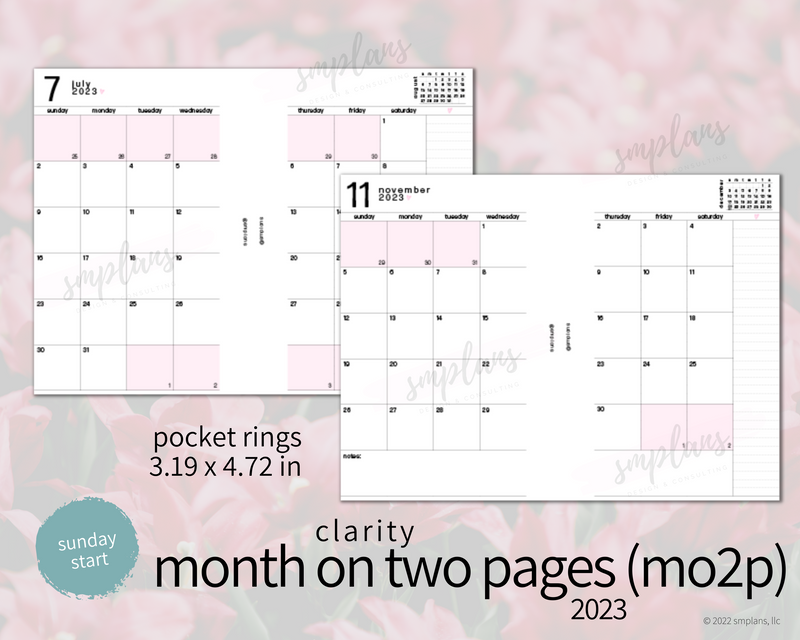 2023 Month on Two Pages - Clarity (Sunday Start)