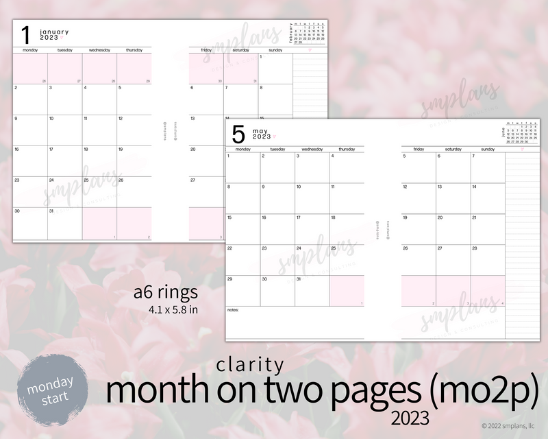 2023 Month on Two Pages - Clarity (Monday Start)