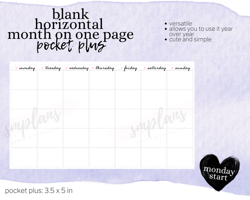 Horizontal Undated Month on One Page (MO1P) (Monday Start)