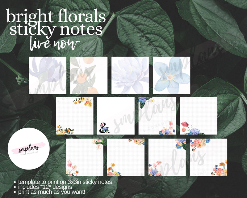 Bright Floral Sticky Notes - Digital Template